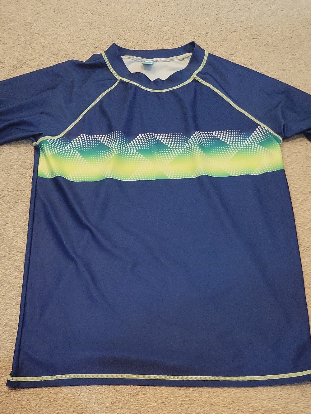 Boy's Navy Blue Short Sleeve Swim Shirt with Lime Gradient Band